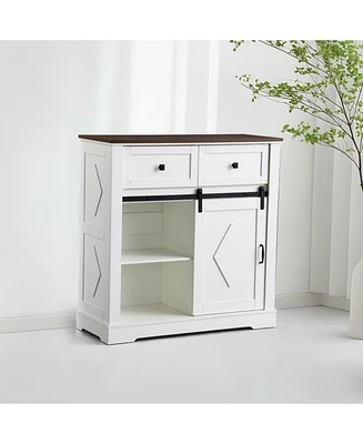 Sliding Barn Door Sideboard Cabinet with Storage and Drawers (White and Walnut)