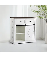 Sliding Barn Door Sideboard Cabinet with Storage and Drawers (White and Walnut)