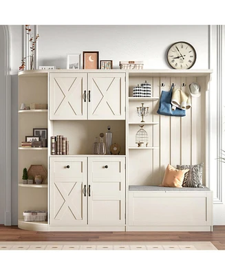 Hall Cabinet w/ Storage & Hooks - Beige
