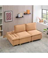 74" Modern Pumpkin Flannel Sofa with Cup Holders, Storage, and Adjustable Backrest