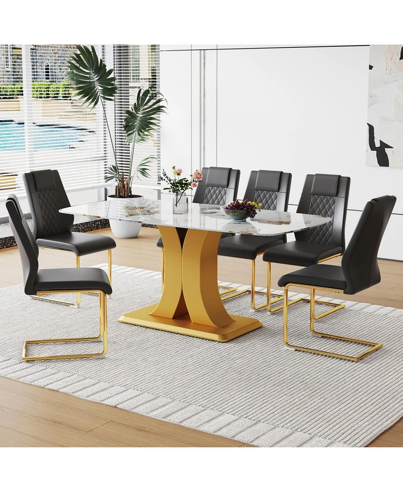 71" Pandora Glass Dining Set: Table & 6 Black Pu Chairs