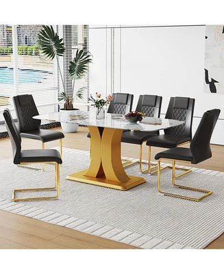 71" Pandora Glass Dining Set: Table & 6 Black Pu Chairs