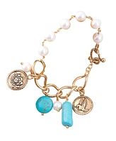 Barse Genuine Turquoise Magnesite and White Cultivated Pearl Multi Charm Bracelet