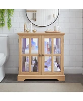 Antique Led Curio Display Cabinet, Adjustable Shelves, Lattice Doors, Oak Showcase