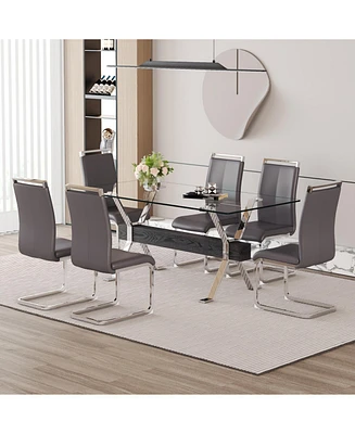 Elegant Tempered Glass Dining Set with Pu Chairs