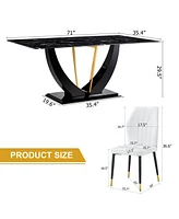 Black Marble Pattern Tempered Glass Dining Set - 71"x35.4" with 8 White Pu Chairs With a Widened Backrest Design