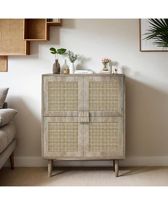4-Doors Rattan Mesh Storage Cabinet, Sideboard with Eight Storage Spaces, for Entryway, Living Room, Hallway (Grey with Woodgrain)