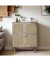 4-Doors Rattan Mesh Storage Cabinet, Sideboard with Eight Storage Spaces, for Entryway, Living Room, Hallway (Grey with Woodgrain)