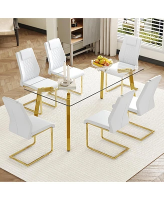 Golden Leg Glass Table & 6 White Pu Chairs