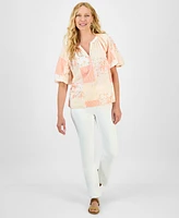Style & Co Women's Printed Bubble-Sleeve V-Neck Blouse, Exclusively at Macy's