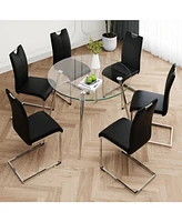 Modern Round Glass Dining Set (Table & 6 Black Chairs)