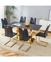 Sintered Stone Dining Set: 6 Chairs, Golden Legs, Black Texture