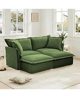 Green Chenille 2-Seater Sofa with Ottomans & Sleeper