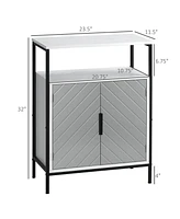 Storage Cabinet with Open Shelf and Double Door Cupboard, Accent Cabinet with Herringbone Panel and Steel Frame, Gray
