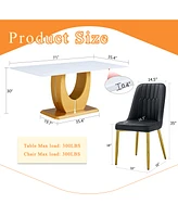 Modern Glass Dining Table (71"x35.4") with Gold Legs and 8 Black Pu Chairs