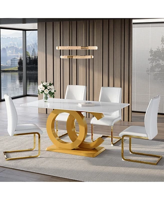 Tempered Glass Dining Set with White Pu Dining Chairs