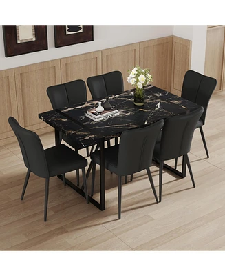 Modern Marble Dining Set: Table (55"x31.4") + 6 Black Pu Chairs