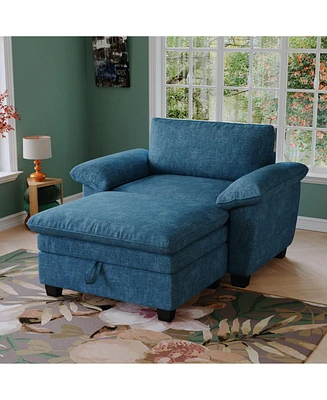 51" Blue Chenille Chaise Lounge with Ottoman & Storage