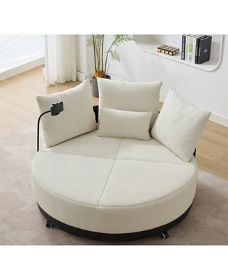 Oversized Swivel Chair: 360 Rotation, Adjustable Phone Stand, Polyester, Beige