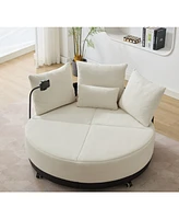 Oversized Swivel Chair: 360 Rotation, Adjustable Phone Stand, Polyester, Beige