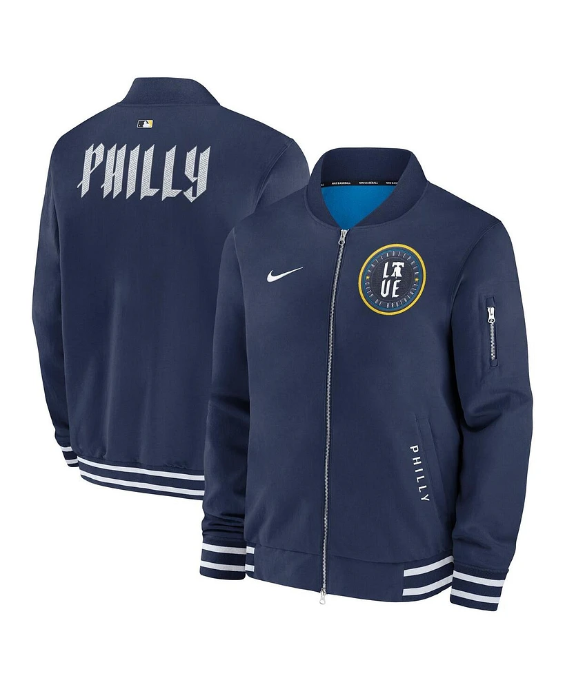 Nike Men's Navy Philadelphia Phillies Authentic Collection City Connect Full-Zip Bomber Jacket