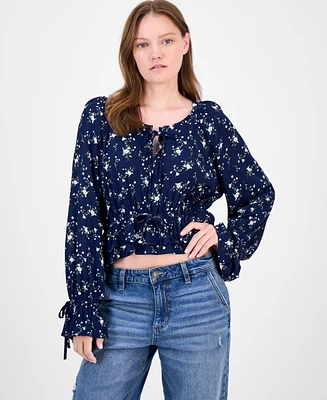 Celebrity Pink Juniors' Floral-Print Ruffle-Hem Peasant Top