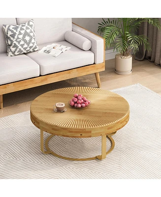 Modern Round Coffee Table with Carved Pine Top and Metal Legs