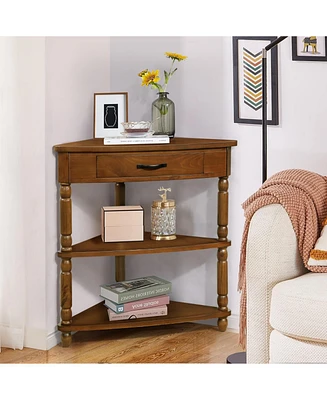 33.8'' Small Triangle Corner Table, Wood Corner Side Table for Small Spaces/ Living Room, 3 Tier End Corner Table with Solid Wood Legs, Brown