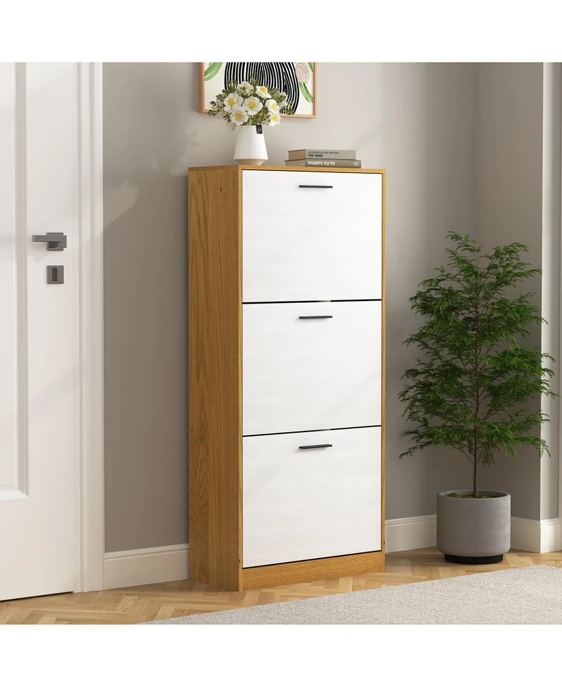 Shoe Storage Cabinet with 3 White Panel Flip Drawers, Freestanding Organizer for Entryway, Narrow Shoe Rack Cabinet