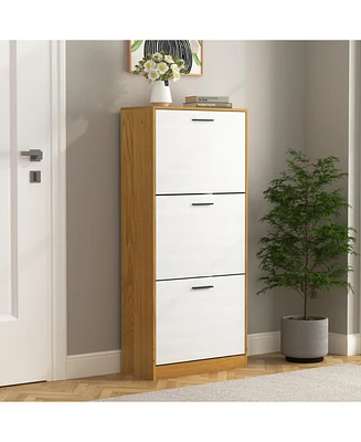 Shoe Storage Cabinet with 3 White Panel Flip Drawers, Freestanding Organizer for Entryway, Narrow Shoe Rack Cabinet