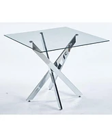 Modern Glass Dining Table with Cross Metal Legs (90x90x75cm)