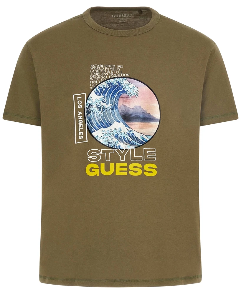 Guess Men's Short Sleeve Japanese Wave Graphic Crewneck T-Shirt