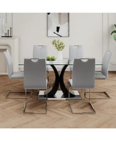 Elegant Glass Dining Table with Grey Chairs (Set of 7