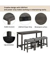 4-Piece Bar Table Set with Outlet and Padded Stools for Living and Dining Rooms
