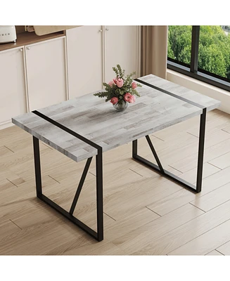 Retro Rectangular Dining Table - Textured Gray Top, Black Metal Legs