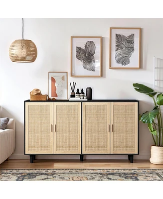 62.20" Elegant and Functional 4-Door Rattan Decorative Storage Cabinet, for Bedroom, Living Room, Office, Easy Assembly, Black(Same Sku:W757P1749