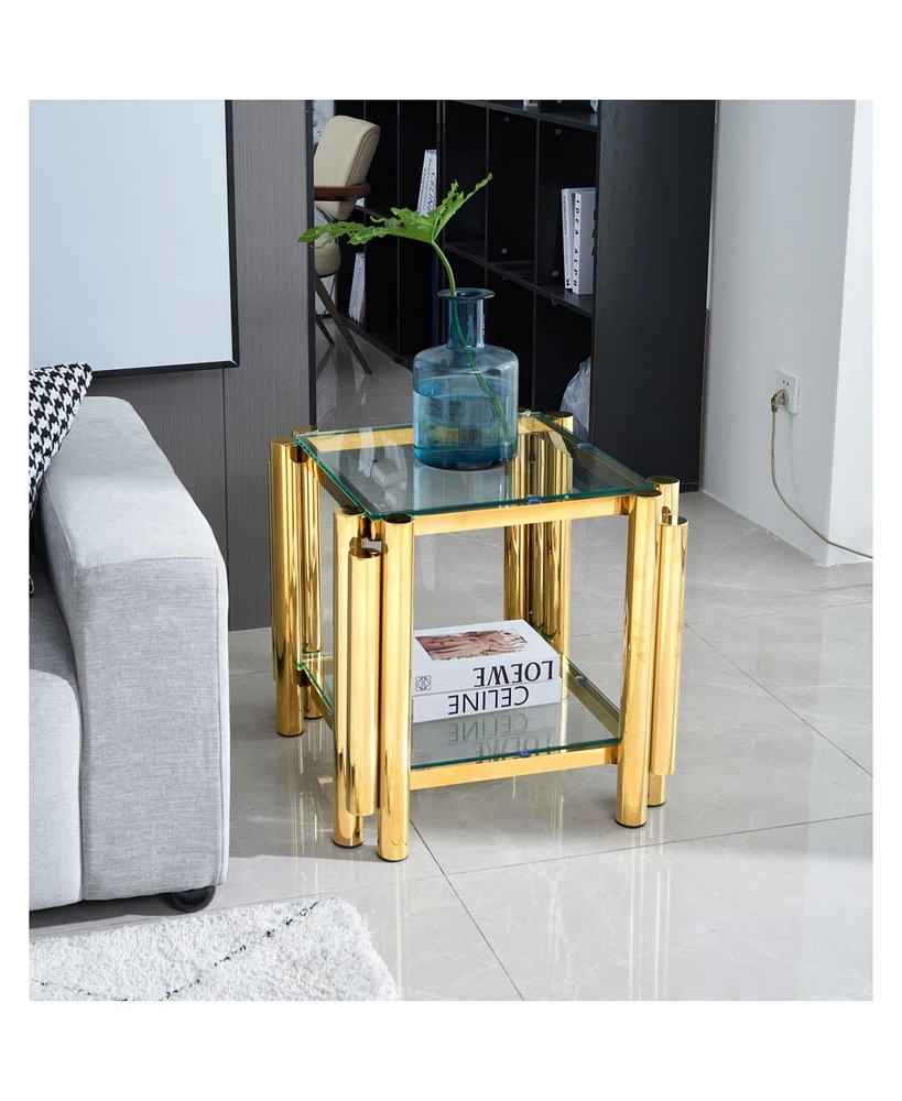20" Square End Table with Glass & Stainless Steel, Gold Storage