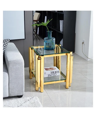 20" Square End Table with Glass & Stainless Steel, Gold Storage