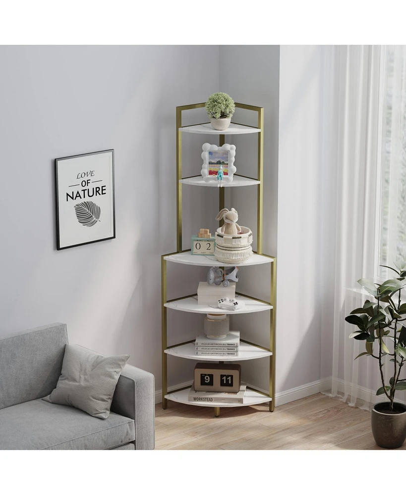 6-Tier Corner Open Shelf Modern Bookcase Wood Rack Freestanding Shelving Unit, Plant Album Trinket Sturdy Stand Small Bookshelf Space-Saving for Livin