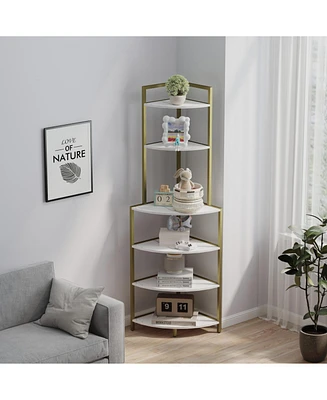 6-Tier Corner Open Shelf Modern Bookcase Wood Rack Freestanding Shelving Unit, Plant Album Trinket Sturdy Stand Small Bookshelf Space-Saving for Livin