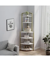 6-Tier Corner Open Shelf Modern Bookcase Wood Rack Freestanding Shelving Unit, Plant Album Trinket Sturdy Stand Small Bookshelf Space-Saving for Livin