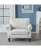 40" Nailhead Trim Sofa, Beige Faux Leather Rolled Arm, 1 Seater