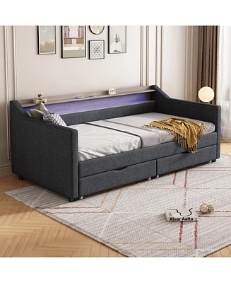 Modern Twin Daybed with Storage, Shelf, Led Light, Usb/Type-c Ports