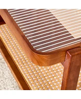 Walnut Wood & Glass Tea Table with Rattan Detail, Perfect for Home Decor