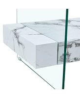 43" Modern Two-Tier Coffee Table: Clear Glass, White Marble Texture