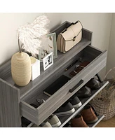 Narrow Shoe Cabinet, Industrial Shoe Storage Cabinet with 2 Flip Drawers, Adjustable Shelves, and Top Drawer, Entryway Hidden Shoe Storage for 12 Pair