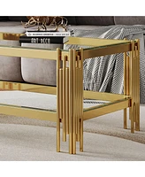 Top and Bottom Double Layer Tempered Glass Coffee Table and Mirror Finished Stainless Steel Frame