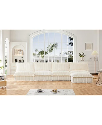 Cream Corduroy Modular Armless Sectional Sofa with Ottoman
