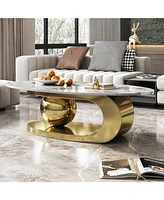 51 Inches Oval Faux Marble Coffee Table for Living Room with Stainless Steel Base