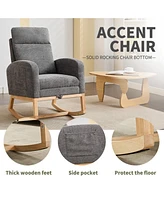 Modern Rocking Chair with Solid Wood Legs, Upholstered Nursery Glider, Comfortable Side Pocket Armchair